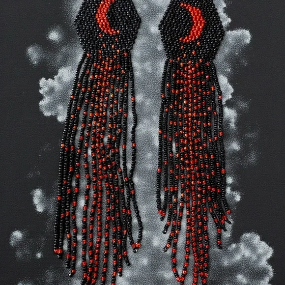Hand Beaded Black/Red Extra Long Boho Crescent Moon Earrings - Picture 6 of 16